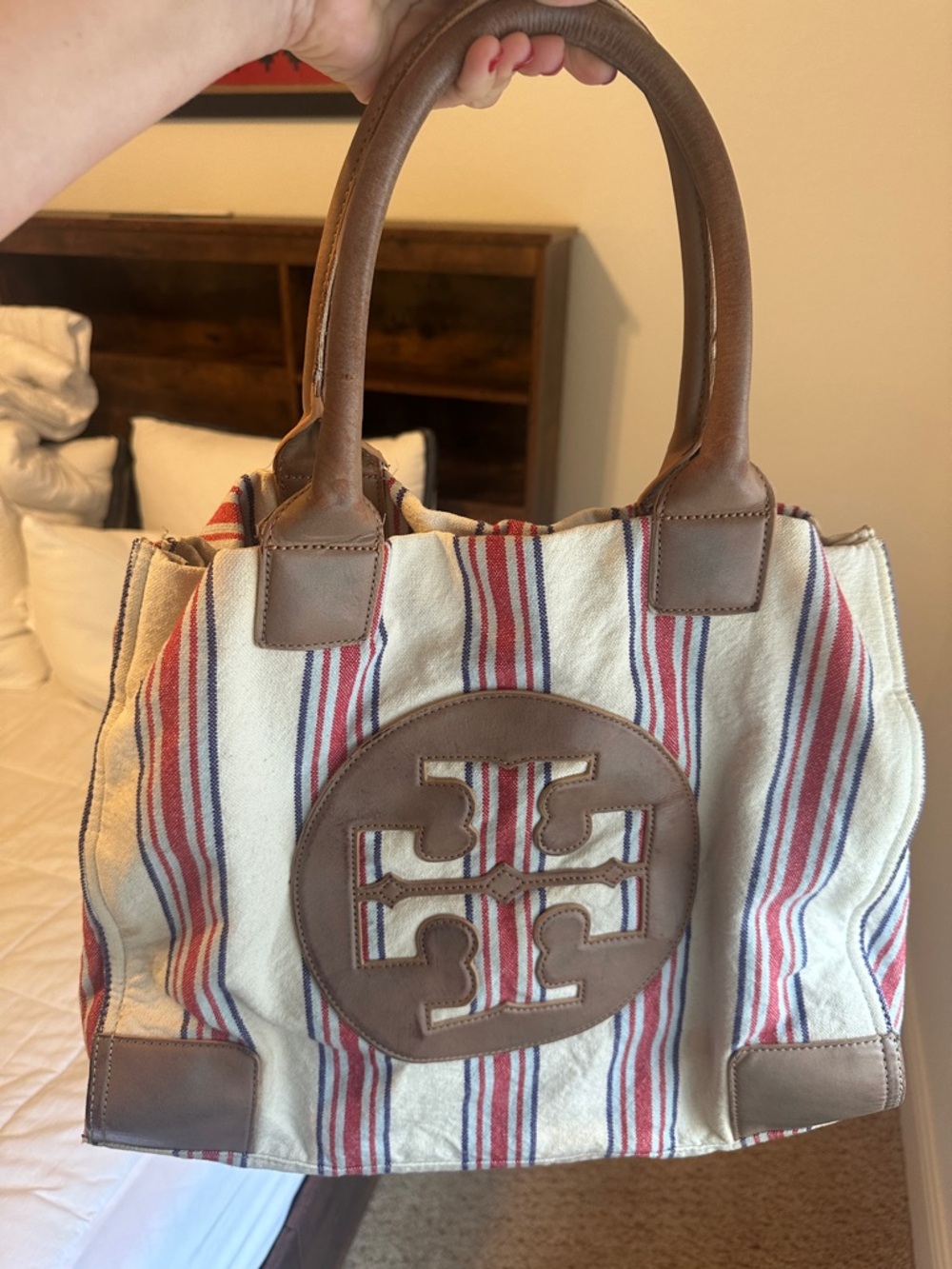 Tory Burch Red and Blue Striped Canvas Tote with Brown Leather Trim